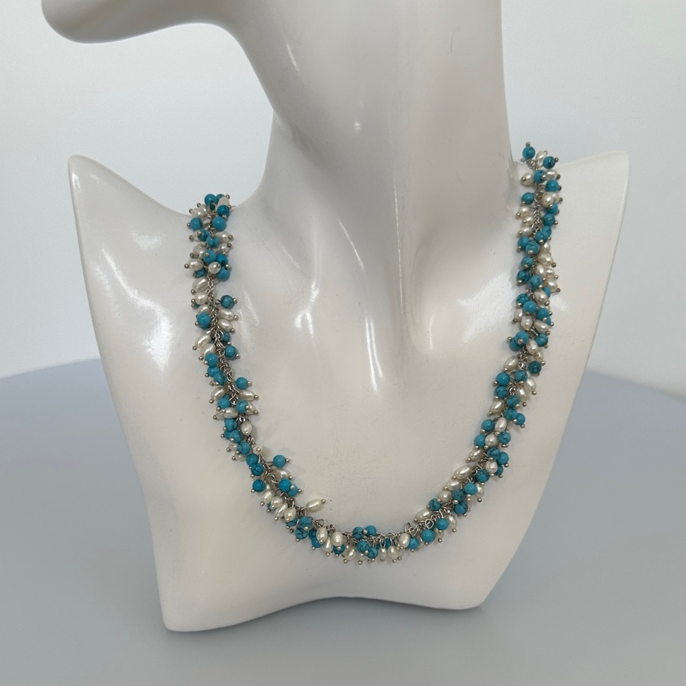 Elegant 925 sterling silver real turquoise real Pearls Necklace